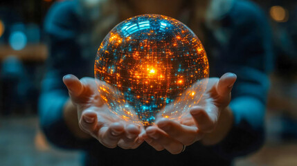 Poster - Hands holding a bright orange glowing sphere, representing data networks, technology, and futuristic concepts