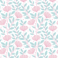 Poster - Adorable pastel floral pattern, seamless repeating vector flower print, cute spring or summer background tile design