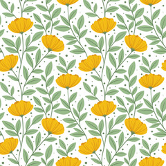 Poster - Summer floral print, climbing vine vintage vector repeat pattern, seamless repeating tile with hand drawn flower illustrations, on white background