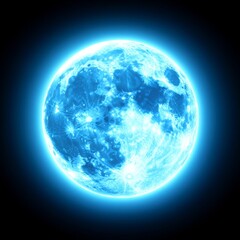 vibrant blue full moon glowing in dark space.