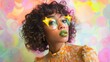 © Kunchan - Vibrant and whimsical portrait of a young woman with curly hair wearing bold green lipstick and star shaped yellow glasses set against a playful abstract backdrop of colorful dots and swirls