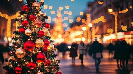 Wall Mural - festive christmas tree on city street with holiday lights