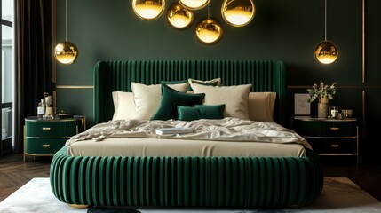 A luxurious bedroom with a deep emerald green bed, ribbed headboard, and footboard, accented by layered cream pillows. Above, gold circular lights provide a warm glow.