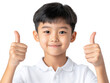 © tinnakorn - Enthusiastic young boy shows thumbs up against a vibrant multicolored background, expressing positivity and joy