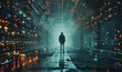 © Pooja - a man standing in a tunnel of lights in a city at night with a man standing in the middle, computer art, biopunk, computer graphics