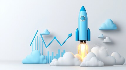 Aufkleber - Powerful blue rocket launching with glowing blue and white clouds accompanied by a rising graph symbolizing growth progress and business success on a clean white background