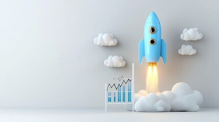 Poster - Luminous blue rocket launching with glowing clouds and a chart showing upward momentum on a sleek minimal white canvas symbolizing technological and progress