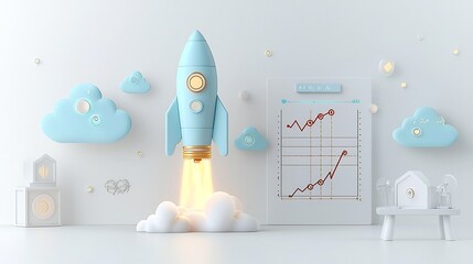 Fototapete - Luminous blue rocket blasting off with glowing clouds and an upward trending chart on a clean minimal white canvas background symbolizing technological data driven progress