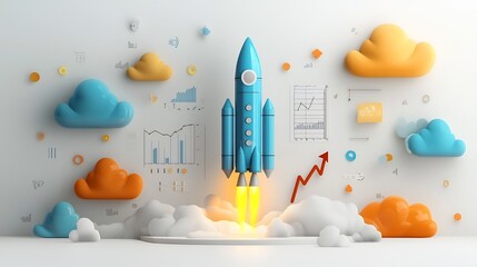 Aufkleber - Dynamic 3D rendering of a glowing blue rocket surrounded by vibrant clouds and an upward arrow graph on a white background representing technology energy innovation and business growth