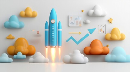 Leinwandbilder - Dynamic 3D rendering of a glowing blue rocket surrounded by vibrant clouds and an upward arrow graph on a white background symbolizing technology innovation energy progress and growth