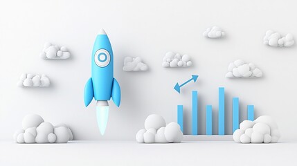 Leinwandbilder - Glowing 3D rendered rocket spacecraft taking off with a bold rising graph on a bright white background symbolizing technological innovation business growth and financial progress