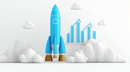 Leinwandbilder - Glowing 3D rendered rocket taking off amidst white clouds against a bright white background with a bold rising graph symbolizing business growth innovation and future success