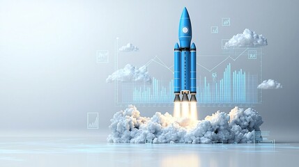 Leinwandbilder - Luminous blue rocket launching into the sky with radiant clouds surrounding its trajectory accompanied by a dynamic upward graph showcasing progress and growth against a clean white background