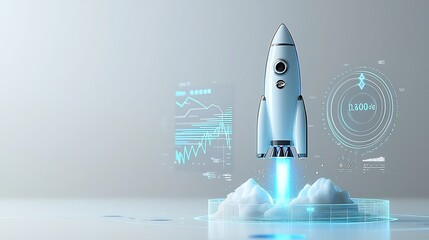 Leinwandbilder - Futuristic 3D rendered glowing blue rocket blasting off from launch pad with bold graph visualizing progress data on a clean white background representing technology innovation and growth