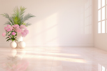 Poster - Bright and airy interior showcases lush greenery and vibrant flowers in elegant vases, enhancing the serene atmosphere