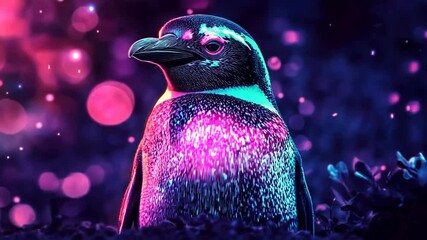 Wall Mural - enchanted neon penguin starry night glow