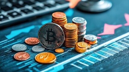 Poster - Close-up of cryptocurrency coins on a desk with financial data and keyboard.