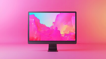 Poster - Vibrant Pink and Cyan Abstract Artwork Displayed on Modern Desktop Monitor