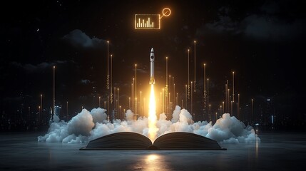 Fototapete - Luminous rockets shooting up from an open book surrounded by lively clouds and a progress graph glowing brightly above on a black backdrop  Symbolizing the power of ideas innovation