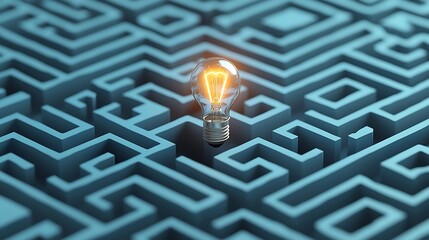 Fototapete - Intricate glowing maze pattern with a radiant light bulb at the exit symbolizing progressive ideas and innovative solutions on a minimalist blue and white background