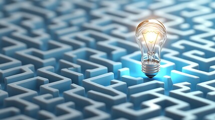 Leinwandbilder - Intricate glowing maze like pattern with intricate paths leading to a bright light bulb at the exit set against a blue and white background symbolizing innovative solutions and creative thinking