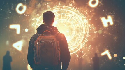 Poster - Mysterious Figure Gazing Into Bright Portal with Abstract Symbols and Shadows in Background, Symbolizing Exploration of Unknown and Endless Possibilities
