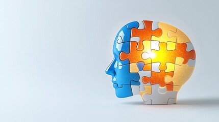Poster - Vibrant glowing puzzle piece embedded in a human head symbolizing the search for mental health solutions and innovative ideas  Set against a minimal white background