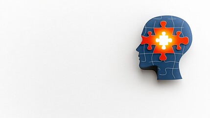 Poster - Silhouette of a human head with a radiant puzzle piece symbolizing mental health awareness and solutions for improving well being and cognitive abilities