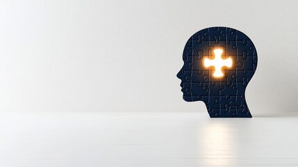 Aufkleber - Glowing Puzzle Piece in Human Head Silhouette Symbolizing Mental Health Challenges and Awareness on Clean White Canvas Background
