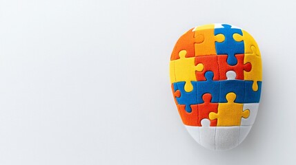 Poster - Human head with a vibrant puzzle piece symbolizing mental health awareness and the search for solutions on a minimal white backdrop  Conceptual metaphor representing the mind intelligence