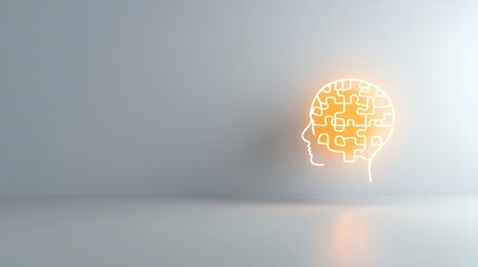 Poster - Glowing puzzle piece nestled within a stylized human head representing the complexity and nuances of mental health and the inner workings of the mind on a minimal white canvas backdrop
