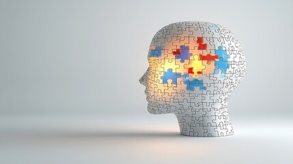 Poster - Luminous puzzle piece inside a stylized human head symbolizing mental health awareness and solutions  This conceptual design on a bright white canvas represents the interconnection of the mind