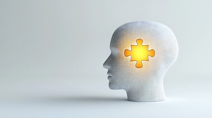 Poster - Bright human head with a glowing puzzle piece at the center emphasizing the concept of mental health problem solving and the search for insightful solutions on a clean white backdrop