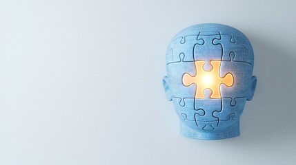Poster - Bright human head with a puzzle piece glowing at the center emphasizing the importance of mental health and the search for solutions on a clean white backdrop  The image represents the of the mind