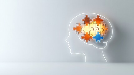 Poster - Glowing human head outline with a radiant puzzle piece representing the concept of mental health and awareness on a minimal white canvas  This digital symbolizes the interconnectedness of the mind