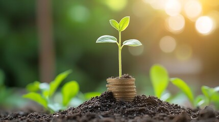 Fototapete - Prosperous Sprout A small vibrant plant sprouts from a stack of coins bathed in warm golden sunlight and surrounded by lush verdant greenery with a glowing blurred background   symbolizing growth