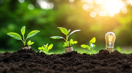 Poster - Visually striking eco conceptual scene featuring light bulbs embedded in fresh dark soil surrounded by bright green plants and complemented by a warm