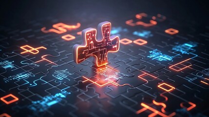 Aufkleber - Vibrant neon hued glowing puzzle pieces with circuit patterns intertwined and interlocked symbolizing innovation connectivity and the digital age on a high tech futuristic backdrop