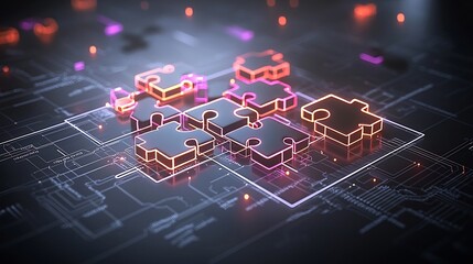Fototapete - Glowing interconnected puzzle pieces with vibrant neon hues and circuit patterns symbolizing innovation technology and digital connectivity on a high tech futuristic backdrop