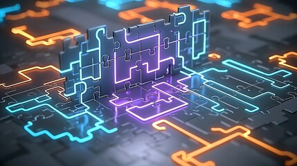 Fototapete - Neon lit puzzle pieces intricately interconnected in a striking futuristic style with vibrant colors of blue orange and purple