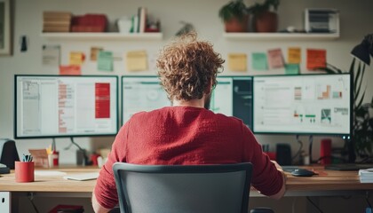 Poster - Person working at a desk with multiple monitors, focusing on digital tasks and productivity.
