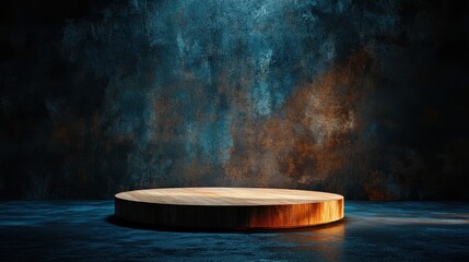 Poster - Empty circular wooden platform illuminated by dramatic light against a textured blue and orange grunge background, ideal for presentations and art displays.