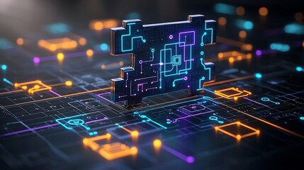 Fototapete - Glowing puzzle pieces with neon blue orange and purple lights featuring intricate circuit designs that symbolize connectivity set against a modern digital inspired backdrop