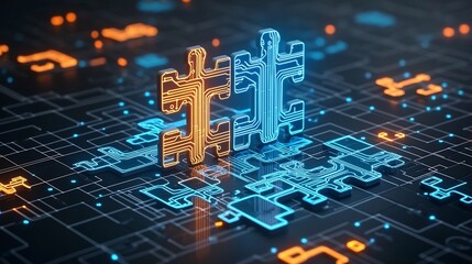 Leinwandbilder - Vibrant neon colored puzzle pieces illuminating intricate circuits and seamless digital connections against a sleek modern abstract background