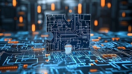 Fototapete - Glowing neon puzzle pieces in vibrant blue and orange hues showcasing intricate circuits and seamless digital connections on a futuristic abstract technological background
