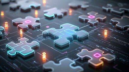 Fototapete - Futuristic puzzle pieces connected and glowing in vibrant neon shades representing innovation and technological progress in an abstract digital background setting