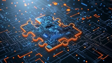 Fototapete - Neon Illuminated Futuristic Puzzle Pieces with Intricate Circuit Designs Interconnected in a Vibrant Digital Abstract Background Showcasing Innovation and Technology