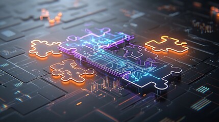 Poster - Glowing interconnected puzzle pieces in vibrant neon colors of blue orange and purple featuring intricate circuit patterns