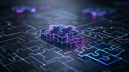 Aufkleber - Captivating abstract digital background featuring a mesmerizing array of interconnected glowing puzzle pieces illuminated in a vibrant neon glow of blues and purples