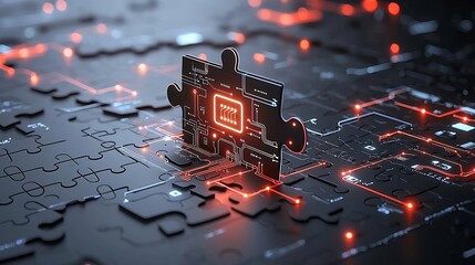 Poster - Futuristic neon lit puzzle pieces displaying circuit inspired patterns highlighting connectivity problem solving and the intersection of technology and creativity